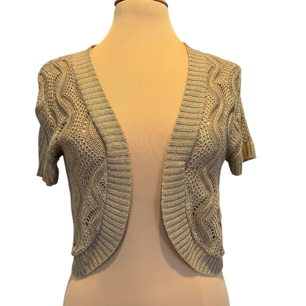 Sweet Kizz gold metallic open knit shrug Bolero short sweater jacket medium